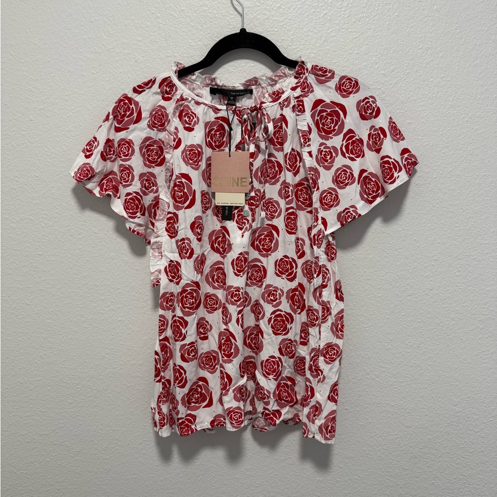 Harve Benard Red White Floral Blouse Size Medium